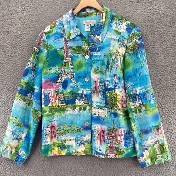 Coldwater Creek Jacket Womens Large Petite Blue Multi Paris Linen Blend Button - Picture 1 of 9
